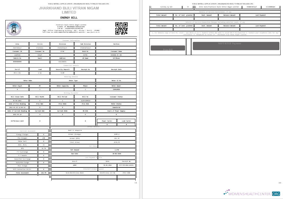 INDIA JHARKHAND BIJLI VITRAN NIGAM LTD. business utility bill Word and PDF template